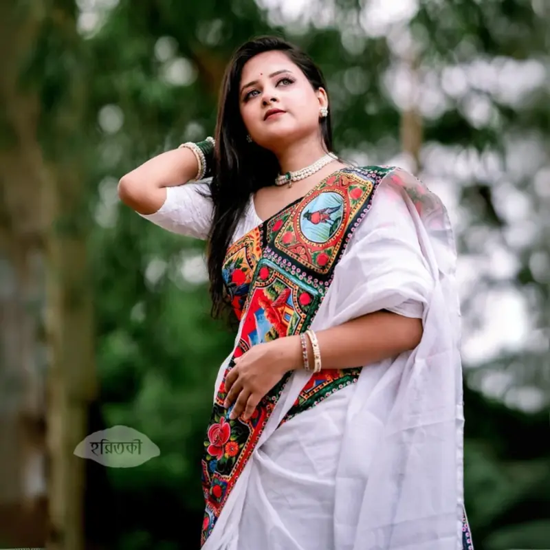 White Rickshaw Print Half Silk Saree